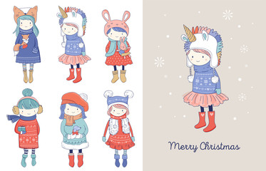 Hand drawn beautiful cute little winter girls collection. Merry Christmas greeting cards design