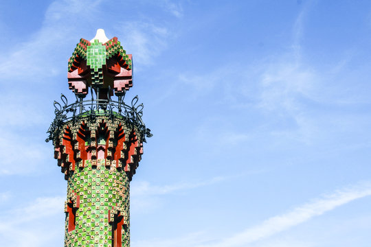 Detail view of the main tower of "El Capricho", the Caprice of Gaudi in Comillas, Spain
