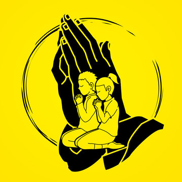 Boy and Girl Prayer, Christian praying ,Praise God, Worship cartoon graphic vector