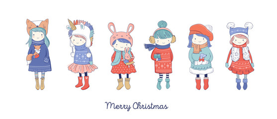 Hand drawn beautiful cute little winter girls collection. Merry Christmas greeting cards design