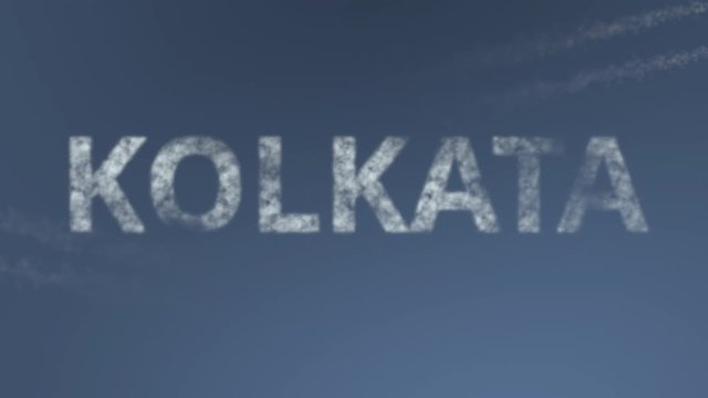 Flying airplanes reveal Kolkata caption. Traveling to India conceptual intro animation