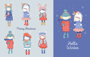 Hand drawn beautiful cute little winter girls collection. Merry Christmas greeting cards design