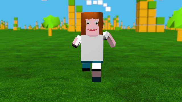 Online game avatar running through block game landscape