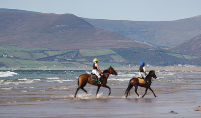 Fototapeta na wymiar Horse riding on rossbeigh beach in County Kerry, scenic view of the Dingle pinninsula in the distance