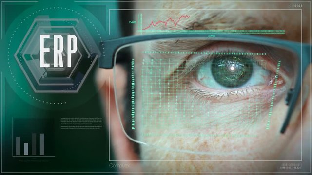 A close up of a businessman eye controlling a futuristic computer system with an ERP concept.