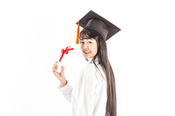 Beautiful Attractive Graduated Asian woman in cap holding certificated and showing thumbs up good hand sign feeling so proud and happiness,Isolated on white background,Education Success concept