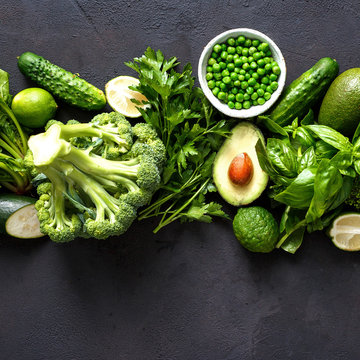Raw healthy food clean eating vegetables green vegetables top view
