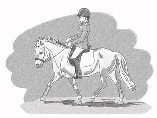 Illustration, graphics young rider and pony of black and white pen graphics.