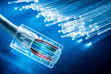 Network cable and optical fibers with lights.