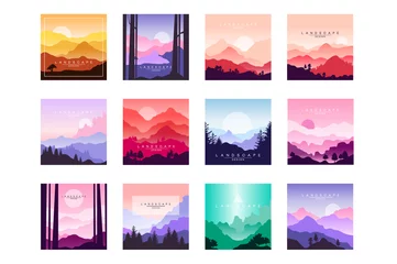 Poster Set van prachtige platte cartoon landschappen met bergen, heuvels en bos. Natuurlijk thema. Vector collectie van natuur achtergronden met hellingen. © topvectors