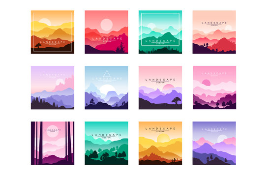 Set of minimalistic flat original landscapes design with mountains, hills, forest. Vector collection of nature backgrounds with gradients.