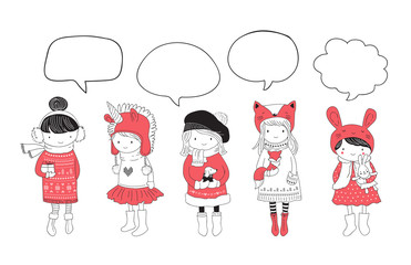Hand drawn beautiful cute little winter girls collection. Merry Christmas greeting cards design