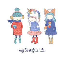 Hand drawn beautiful cute little winter girls collection. Merry Christmas greeting cards design