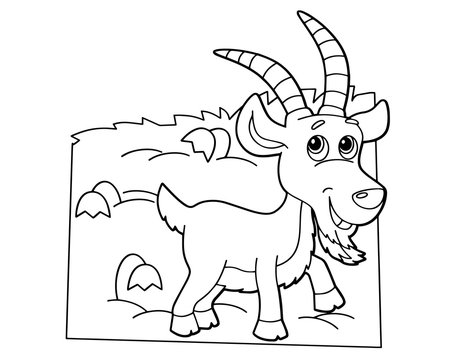 cartoon scene with happy goat on white background - vector coloring page - illustration for children
