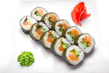 Japanese traditional sushi food and rolls with fresh seafood