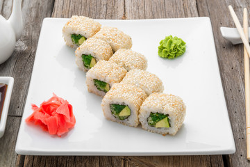 Japanese traditional sushi food and rolls with fresh seafood