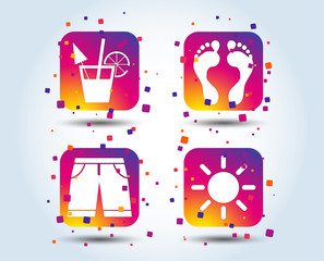 Beach holidays icons. Cocktail, human footprints and swimming trunks signs. Summer sun symbol. Colour gradient square buttons. Flat design concept. Vector