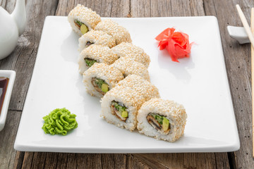 Japanese traditional sushi food and rolls with fresh seafood
