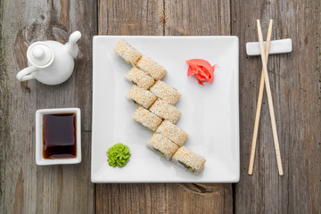 Japanese traditional sushi food and rolls with fresh seafood