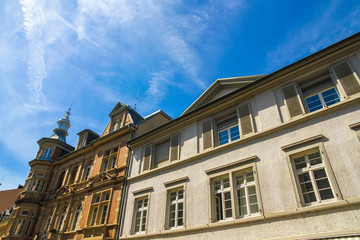View on the historic architecture in Freiburg im Breisgau, Germany on a sunny day.