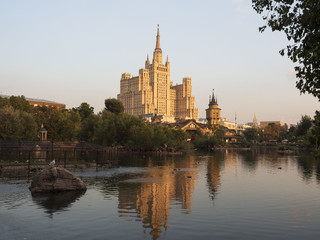 Fototapeta premium View of a beautiful building from the river at sunset of the day. Amazing architecture.