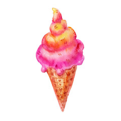 Sweet Watercolor ice cream chocolate chit illustration on white background, waffle cone with strawberry ice cream in cartoon childish style.