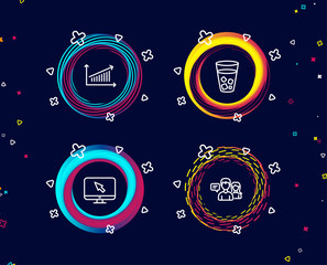 Set of Internet, Ice tea and Chart icons. People talking sign. Monitor with cursor, Soda beverage, Presentation chart. Contact service.  Circle banners with line icons. Gradient colors shapes. Vector