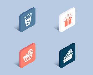 Set of Special offer, Delete order and Ice tea icons. Burger sign. Delivery box, Clean basket, Soda beverage. Cheeseburger.  3d isometric buttons. Flat design concept. Vector