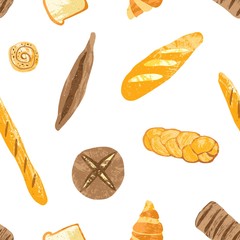 Seamless pattern with tasty breads, dessert pastry, baked products or bakery goods of different types on white background. Colorful vector illustration for fabric print, backdrop, wrapping paper.