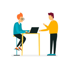 Office, teamwork, business, people working at the computer. Analysis, strategy, programmer. Flat design vector illustration