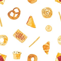 Seamless pattern with appetizing breads, baked sweet pastry and desserts made of dough of various types on white background. Colored vector illustration for textile print, backdrop, wrapping paper.