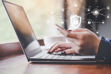 Online shopping and Data encryption on credit card, Hand holding credit card for her shopping