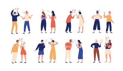 Collection of pairs of people during conflict or disagreement. Set of men and women quarreling, brawling, bickering, shouting at each other. Colorful vector illustration in flat cartoon style. - obrazy, fototapety, plakaty