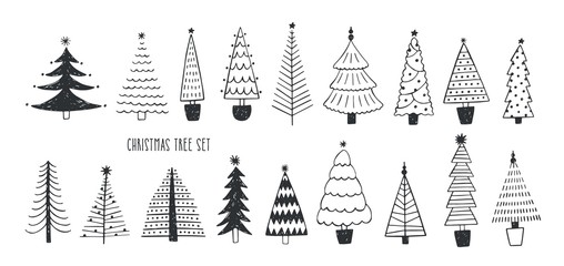 Collection of various firs, pines or spruces drawn with contour lines. Bundle of winter coniferous forest Christmas trees isolated on white background. Monochrome vector illustration in doodle style.