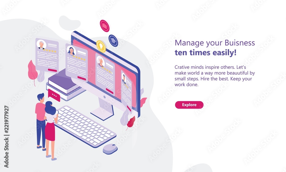 Poster Web banner template with man and woman standing in front of computer display and looking through CVs of job candidates. Concept of HR, personnel hiring and recruitment. Isometric vector illustration.