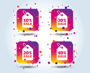 Sale price tag icons. Discount special offer symbols. 10%, 20%, 30% and 40% percent sale signs. Colour gradient square buttons. Flat design concept. Vector