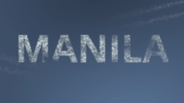 Flying airplanes reveal Manila caption. Traveling to Philippines conceptual intro animation