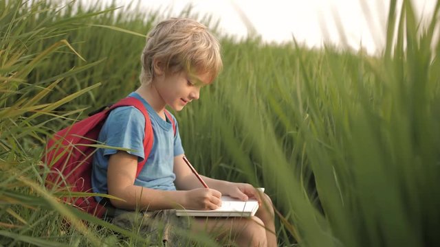 Child makes sketches of dreams in notebook in green grass of rice field on way home from school. Positive mood of happy childhood. Imagination, inspiration concept. Mood of fresh air, beauty of nature
