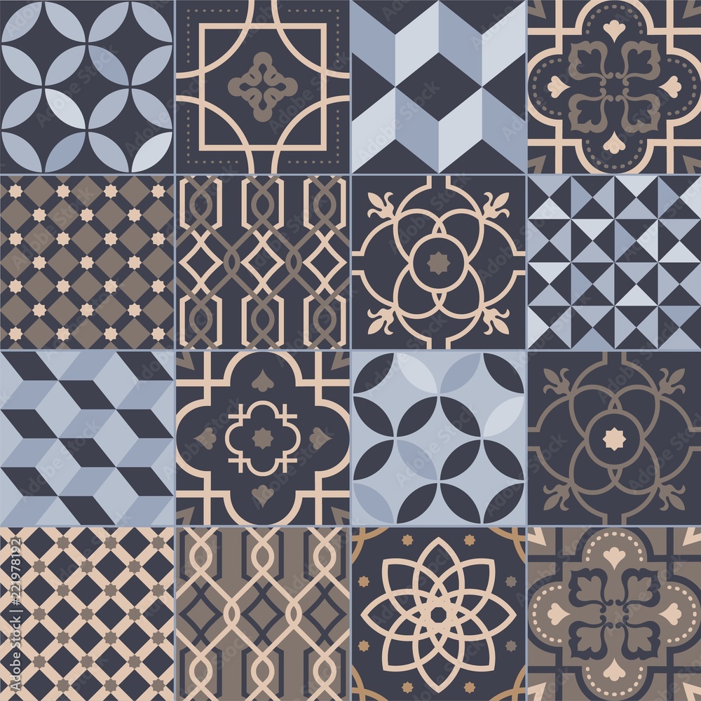 Aufkleber collection of square ceramic tiles with various geometric and traditional oriental patterns. set of 