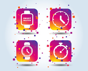 Smart watch icons. Mechanical clock time, Stopwatch timer symbols. Wrist digital watch sign. Colour gradient square buttons. Flat design concept. Vector