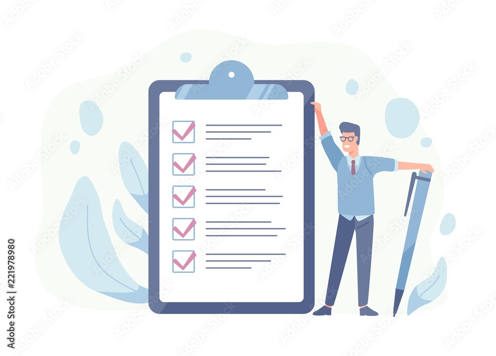 Aufkleber smiling guy standing beside giant check list and holding pen. concept of successful goal achievement