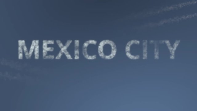 Flying airplanes reveal Mexico City caption. Traveling to Mexico conceptual intro animation