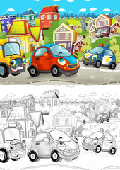 cartoon scene with different cars driving on the city street - police ambulance and school bus with artistic coloring page - illustration for children