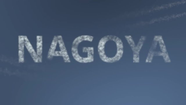 Flying airplanes reveal Nagoya caption. Traveling to Japan conceptual intro animation