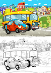 Obraz na płótnie Canvas cartoon scene with different cars driving on the city street small car and school bus - with artistic coloring page - illustration for children