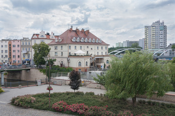 View from the city walls on the city of Opole. A beautiful panorama of the fragment of old and new Opole. Poland, Europe