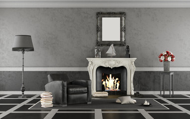 Black and white classic living room with fireplace