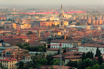 Bergamo, Italy August 18, 2018: Panoramic view from above to the evening city.