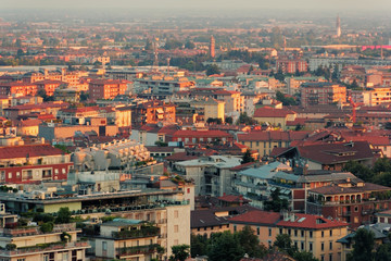 Bergamo, Italy August 18, 2018: Panoramic view from above to the evening city.