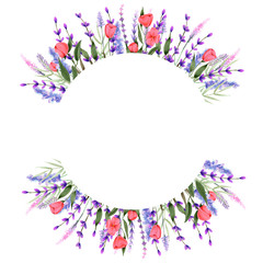 Circle frame border with watercolor pink wildflowers and lavender, hand painted on a white background